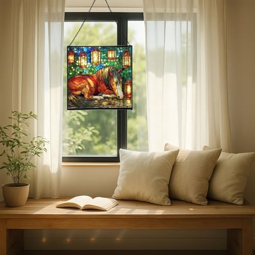 Bay Miniature Horse Curled Near Garden Lanterns Square Suncatcher – Stained Glass Style Window Panel with Pastoral Scene, Custom Decorative Hanging Art for Equestrian Home, Christmas GgGXzA - Image 7