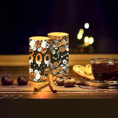 Flameless Candles with Remote and Timers Battery Operated Candles Halloween Day LED Pillar Candles for Home Party Decorations, Ghost Boo Skeleton Print - Image 7