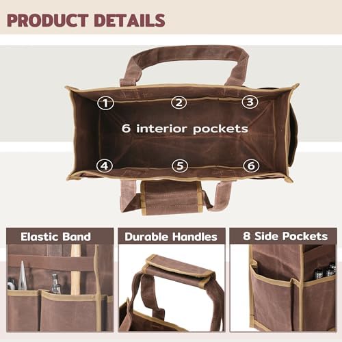 Tool Bag, Heavy Duty 16oz Waxed Canvas Water-Resistant Tool Pouches, Tool Tote with Handle for Tools, Wrenches, Screwdrivers (16.5 X 7 X 12 inch) | Brown - Image 3