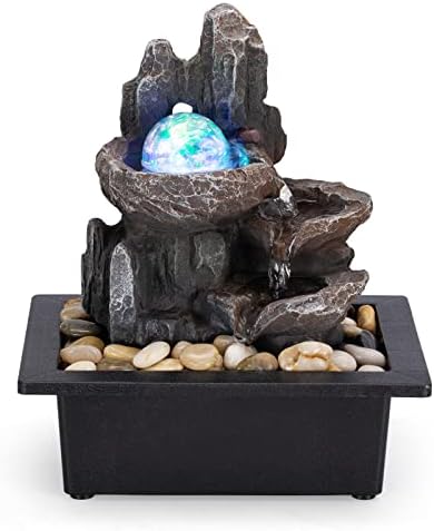 Tabletop Fountain Rotating Ball Rock Waterfall Fountain Office Tabletop Fountains for Home Office Decor Includes Many Natural River Rocks Decorated with Colorful Lights and Rolling Ball by AMOOTEK