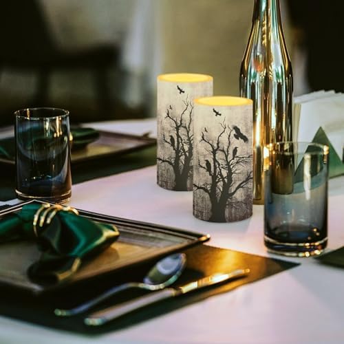 Flameless Candles Flickering Battery Operated Candles with Color Changing Timer Remote Control, Halloween Tree Crow Print LED Pillar Lights for Trick or Treat Party Dining Table - Image 4