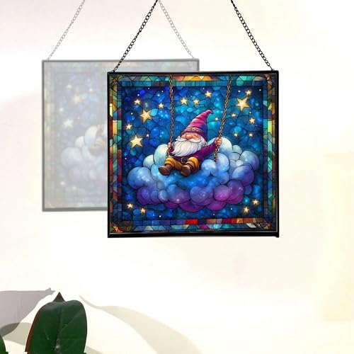 Cloud Gnome Swing Stained Glass Suncatcher – Square Hanging Window Panel for Home or Greenhouse – Whimsical Glass Art Gift for Garden Lovers, Christmas, Halloween, Father Days MPT6CG - Image 4