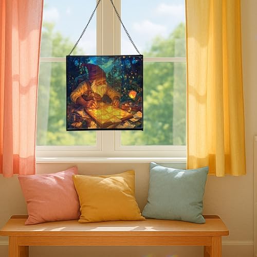 Gnome Lantern Maker Stained Glass Suncatcher – Square Hanging Window Panel for Home or Greenhouse – Whimsical Glass Art Gift for Garden Lovers, Christmas, Halloween, Father Days uAB6Sj - Image 5