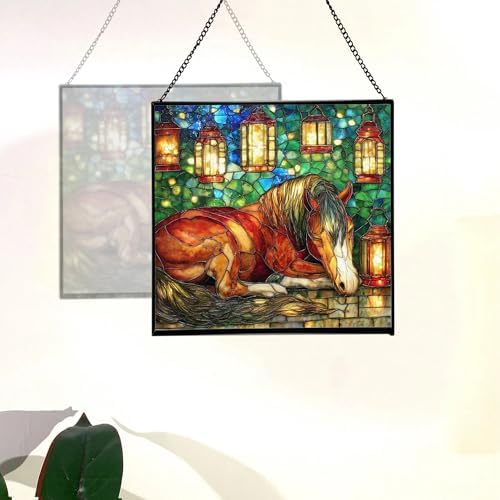 Bay Miniature Horse Curled Near Garden Lanterns Square Suncatcher – Stained Glass Style Window Panel with Pastoral Scene, Custom Decorative Hanging Art for Equestrian Home, Christmas GgGXzA - Image 4