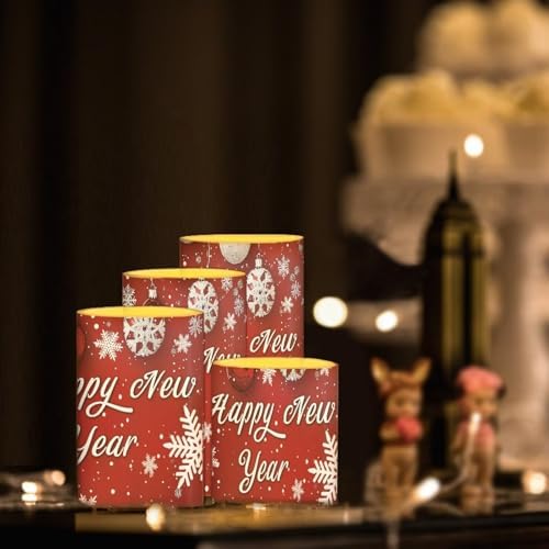 GLENLCWE Red Happy New Year Flameless Flickering LED Candles for Women Ladies,Chic Home Decoration Candles Indoor Outdoor Party Candles, 4 Pcs,Remote Control - Image 2