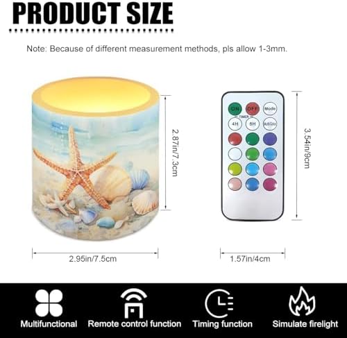 4 Pcs Coastal Flameless Candles Bulk with Remote Battery Operated Pillar Candles with Timer Painting Starfish Shell LED Tea Lights for Beach Theme Home Bathroom Bedroom Decorations - Image 3