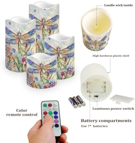 Dragonfly Floral Flameless Candle with Remote Control Electric LED Pillar Candle Timer Color Changing Long Lasting Pack of 4 Battery Candles for Tabletop Beach Home Indoor Decoration - Image 3