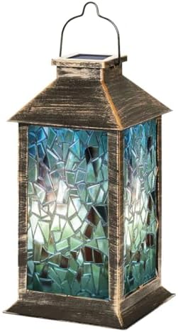 Solar Lantern Stained Glass Window Outdoor Garden Hanging Lantern Waterproof Solar Powered Lighting Outside Table Lamp for Patio Deck Yard Camping Beach House Decor, 1 Pack by Unknown