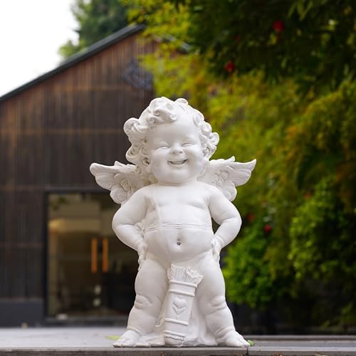 Garden Cupid Angel Statue with Wings 22in, Vintage Distressed Finish White Cherub Figurine, Outdoor Indoor Decorative Sculpture Waterproof & Sun-Resistant - Image 3