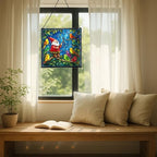 Gnome with Singing Birds Stained Glass Suncatcher – Square Hanging Window Panel for Home or Greenhouse – Whimsical Glass Art Gift for Garden Lovers, Christmas, Halloween, Father Days Q6K5Em - Image 7