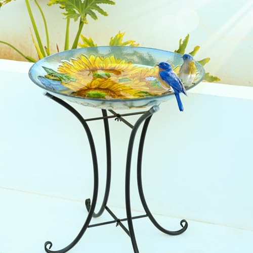 MUMTOP Outdoor Glass Birdbath with Metal Stand for Garden Sunflower Decor - Image 2