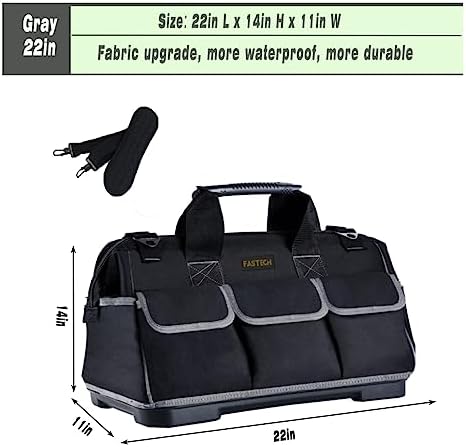 FASTECH 22-inch Wide Mouth Tool Bag with Water Proof Molded Base, Waterproof Tool Organizer Bag for Men with Adjustable Shoulder Strap (Grey-22INCH) - Image 2