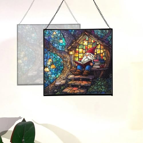 Gnome Reading in Treehouse Stained Glass Suncatcher – Square Hanging Window Panel for Home or Greenhouse – Whimsical Glass Art Gift for Garden Lovers, Christmas, Halloween, Father Days yU5sb7 - Image 4