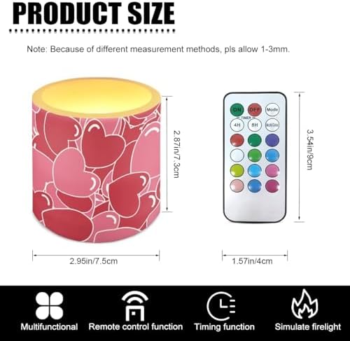 Valentines Day Full Red Heart Print Battery Operated Flameless Candles with Remote and Timer Flameless LED Pillar Candles for Banquet, Weddings, Home Decoration Pillar Lights - Image 3