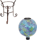 Sunnydaze Azul Terra 10" Glass Mosaic Gazing Globe with Solar Light and 9" H Bronze Steel Traditional Style Gazing Ball Stand for 10" or 12" Outdoor Garden Gazing Globes Bundle by SunnydazeDecor