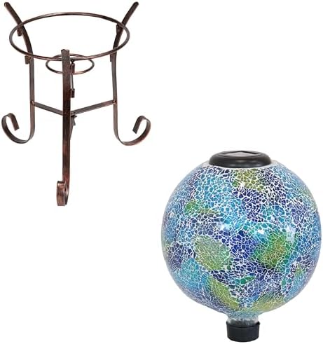 Sunnydaze Azul Terra 10" Glass Mosaic Gazing Globe with Solar Light and 9" H Bronze Steel Traditional Style Gazing Ball Stand for 10" or 12" Outdoor Garden Gazing Globes Bundle by SunnydazeDecor