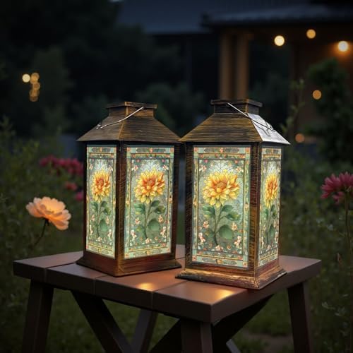 Stained Glass Style Solar Lantern Outdoor Garden Hanging Lantern Sunflower Glass Art Soft Intricate Mosaic Patterns Waterproof Solar Powered Lighting Outside Table Lamp for Patio Deck Yard Camping - Image 6