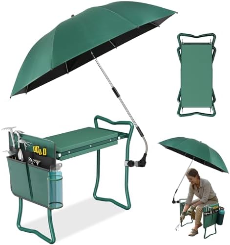 2-in-1 Garden Kneeler with Umbrella, Garden Kneeling Bench & Green Umbrella, Portable Garden Stool Loads Capacity 330lb and Garden Tools Bag with bottle holder, Gardening Gifts for Women,Men,Seniors by Unknown