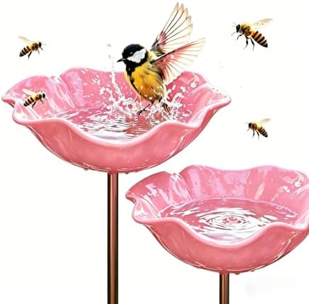 Handmade Metal Flower Garden Stake Bird Bath Bee Butterfly Pollinator Watering Station Hummingbird Bowl Outdoor Decor Resistant Resin LawnYard Planter (3, Pink) by Unknown