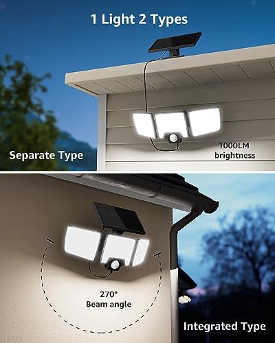 Lepro Solar Security Lights Outdoor Motion Sensor, 2 in 1 Separated and Integrated Remote Control IP65 Waterproof Solar Lights with 2 Light Modes, 3 Heads Floodlight for Garden Yard Garage - Image 2