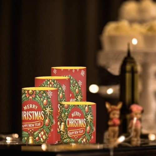 GLENLCWE Merry Christmas Pattern Flameless Light Candles Battery Powered with Timer Remote Color Chaging Pillar Fake Candles Pack of 4 for Wedding Home Outdoor Decor - Image 2
