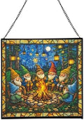 Campfire Story Gnome Stained Glass Suncatcher – Square Hanging Window Panel for Home or Greenhouse – Whimsical Glass Art Gift for Garden Lovers, Christmas, Halloween, Father Days VgBFDy by Custom