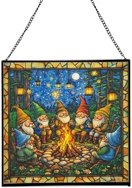 Campfire Story Gnome Stained Glass Suncatcher – Square Hanging Window Panel for Home or Greenhouse – Whimsical Glass Art Gift for Garden Lovers, Christmas, Halloween, Father Days VgBFDy by Custom