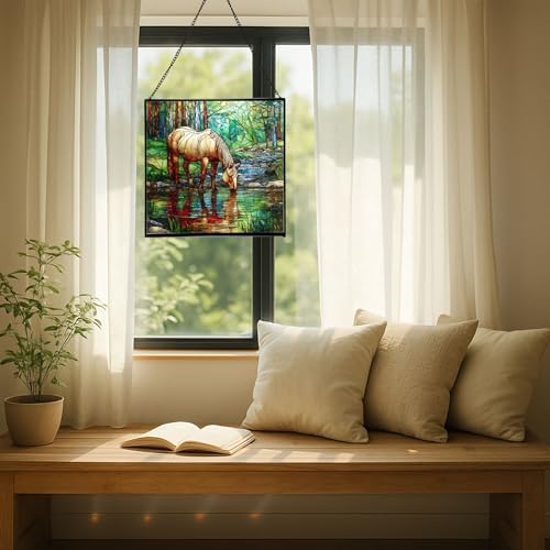 Palomino Rocky Mountain Horse grazing beside shallow stream Square Suncatcher –Stained Glass Style Window Panel with Pastoral Scene, Custom Decorative Hanging Art for Equestrian Home, Christmas Jkv88r - Image 7