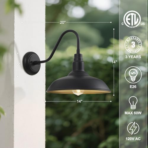 14in Dome Large Outdoor Barn Lights, Black Exterior with Gold Interior Gooseneck Light Fixture, Outside Wall Mount Industrial Sconce for Porch Farmhouse Garage Front Door Patio Entryway - Image 3