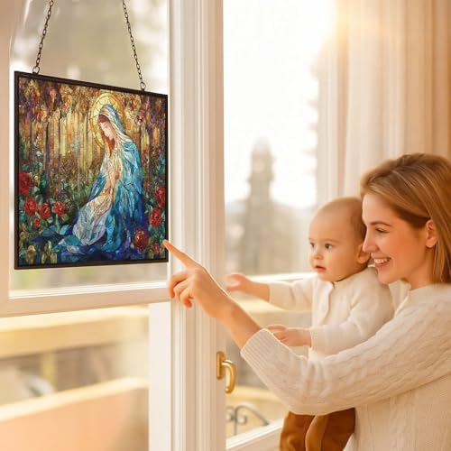 Customized Rectangle Sacred Christmas Holy Mary in Rose Forest Suncatchers for Windows, Stained Glass Window Hangings,Hand-Painted Glass Panel Perfect for Home Décor - Image 5