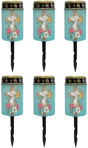 Poceacles Cross Solar Lights Outdoor for Cemetery Grave Decorations, Fake LED Pillar Candles Solar Powered Waterproof Outdoor Stake Lights Grave Markers, Colorful Lily Cross Teal, Pack of 6 by Poceacles