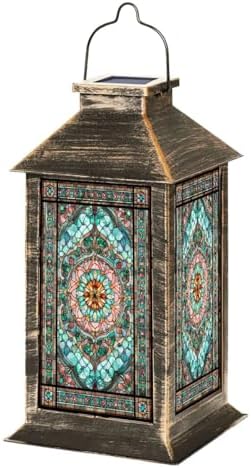 Stained Glass Style Solar Lantern Outdoor Garden Hanging Lantern Stained Glass Sunflower Soft Spring Hues Intricate Border Waterproof Solar Powered Lighting Outside Table Lamp for Patio Deck Yard by Unknown
