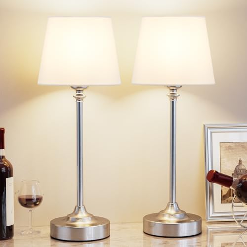 Kakanuo Cordless Table Lamps Rechargeable Set - 2 Pack Silver 4000mAH Battery Operated Lamps for Decor, 3000K Stepless Dimming Touch Wireless Lamp for Bedroom, Dining Table, Living Room, White Shade by KakanuoLightings