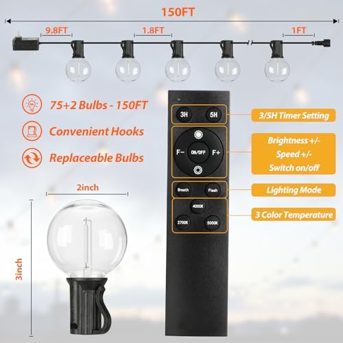 150FT LED Outdoor String Lights with Dimmable 3 Color Lights with Remote - Image 6