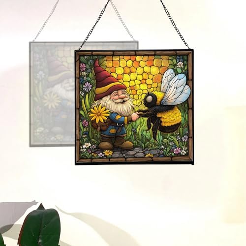 Bee Friend Gnome Stained Glass Suncatcher – Square Hanging Window Panel for Home or Greenhouse – Whimsical Glass Art Gift for Garden Lovers, Christmas, Halloween, Father Days NXogQg - Image 4