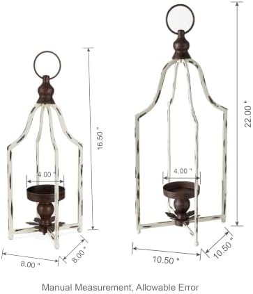 Glitzhome Set of 2 Modern Farmhouse Outdoor Lantern Decor- Metal Candle Lanterns for Christmas- Decorative Lanterns for Living Room,Home,Indoor, Outdoor,Table,Fireplace Mantle Decor White Small&Large - Image 2