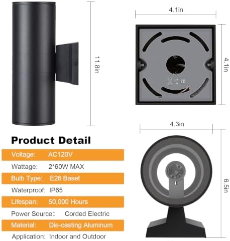 DAKAFUL Outdoor Wall Lights 2-Pack, Modern Cylinder Up and Down Light Fits Standard E26 Bulbs, Waterproof Exterior Wall Sconce for Porch Patio Door, Matte Black - Image 4