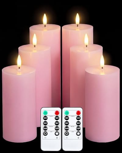 VIHOSE 6 Pack Pink Flameless Candles Set with Remote and Timer Flickering Flameless Battery Candles Flat Top LED Pillar for Wedding Outdoor Home Festival Decoration(D 3" H 6" 7" 8") by VIHOSE