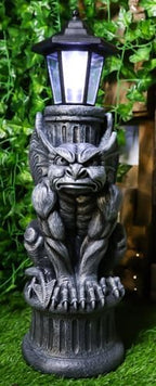Ebros Faux Stone Gothic Crouching Winged Gargoyle Statue with Solar LED Lantern Light Post 20" Tall Decor Figurine - Image 2