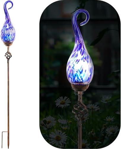 Garden Solar Lights Outdoor, Decorative LED Pearlized Glass Spiral Garden Stake with Finial, Hand Blown Glass and Metal Outdoor Decoration, 3 x 36 Inch (Dark Blue) by Unknown