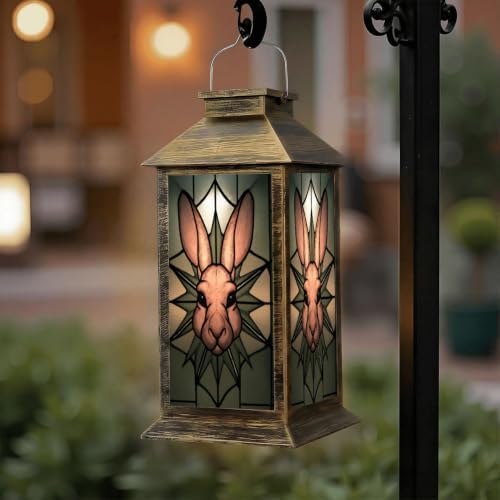 Solar Lantern Stained Glass Rabbit Wall Art Outdoor Waterproof Garden Hanging Lantern Solar Powered Lighting Outside Solar Light for Patio Yard Camping, Gifts for Women Mom - Image 6