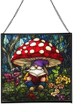 Gnome in Mushroom Hollow Stained Glass Suncatcher – Square Hanging Window Panel for Home or Greenhouse – Whimsical Glass Art Gift for Garden Lovers, Christmas, Halloween, Father Days DHs4J5 by Custom