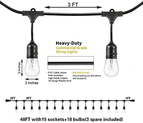 SUNTHIN Outdoor String Lights, 48FT Commercial Grade String Light with 15 11W Dimmable Edison Vintage Bulbs, Hanging for Outside, Patio, Garden, Backyard, Porch, Deck, Pergola, Party - Image 2