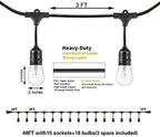 SUNTHIN Outdoor String Lights, 48FT Commercial Grade String Light with 15 11W Dimmable Edison Vintage Bulbs, Hanging for Outside, Patio, Garden, Backyard, Porch, Deck, Pergola, Party - Image 2
