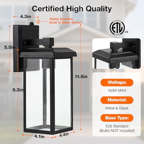 Sylvania Dusk to Dawn Outdoor Wall Light Fixtures, Porch Lights Outdoor/Indoor Wall Sconce, Waterproof Exterior Lights Wall Mount Metal/Black for Patio, Front Door, Garage - 2 Pack (66555) - Image 4