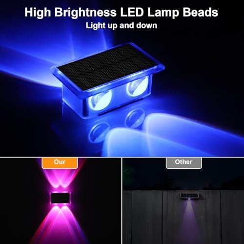 Solar Fence Lights Outdoor Waterproof LED, New Up Down Glow Wall lights Solar Powered with 8 Modes 6 Color Changing Warm White & RGB Cycling, Solar Patio Light for Backyard Railing Deck Decor-12 Pack - Image 4
