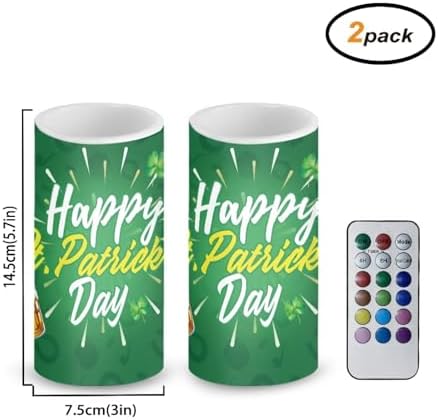 Pack of 2 Happy St Patrick's Day Flameless Candles Battery Operated Candles with Remote and Timers Flickering LED Elictric Pillar Tealights for Party Patio Porch Decorations - Image 2
