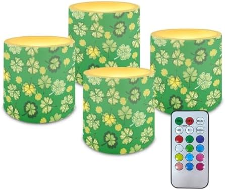 Green Shamrocks Flameless Candles with Remote Battery Operated Candles with Timer 4 Pack St Paddy's Day Flameless Pillar Tea Lights Bulk for Indoor Outdoor Home Decorations by Merkmak