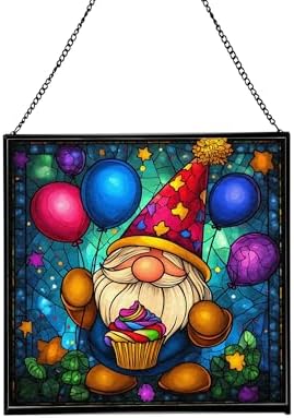 Birthday Balloon Gnome Stained Glass Suncatcher – Square Hanging Window Panel for Home or Greenhouse – Whimsical Glass Art Gift for Garden Lovers, Christmas, Halloween, Father Days 62hJGZ by Custom