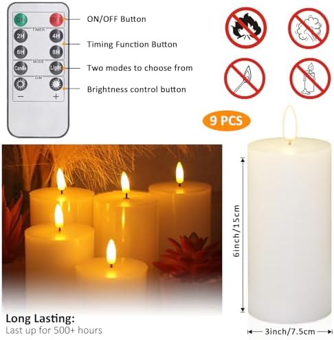 Oleitodh 9 Pcs White Flameless Candles Flat Top LED Candles with Remote Timer, Pillar Flameless Candle Bulk Flickering Battery Operated Candle for Wedding Festival Outdoor Home Decor D 3'' H 6'' - Image 2